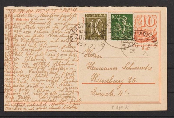 Ganzsache P 144 A Bahnpost-Stempel: HALBERSTADT-TANNE  25.7.22  (s30078)