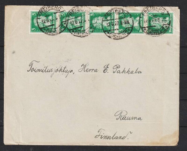 MiNr. 388 (5x) Brief FREIBERG  12.6.27 nach Rauma    (s30083)
