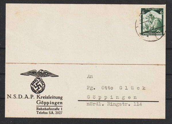 MiNr. 566 Postkarte "NSDAP Kreisleitung" GÖPPINGEN 16.2.35  (s30083)