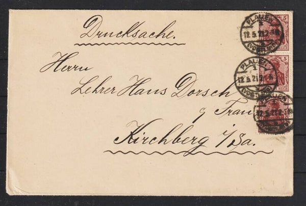 MiNr. 140 (3x) portogerechte Drucksache PLAUEN 12.5.21  (s30085)