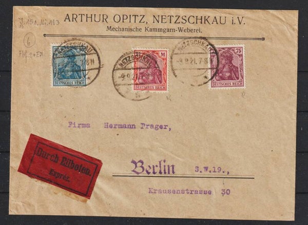 MiNr. 144, 148, 151 portogerechter Eilboten-Brief NETZSCHKAU 9.9.21  (s30085)