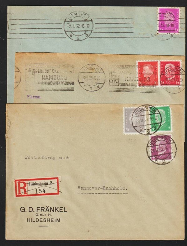 MiNr. 411, 413, 414, 435, 436 auf 3 Briefe "Reichspräsidenten"  (s30085)