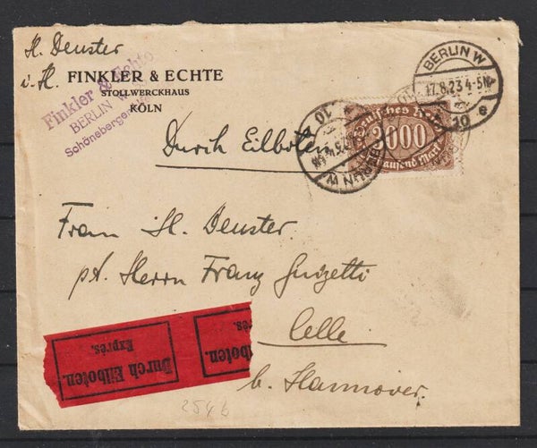 MiNr. 254 portogerechte EF auf Eilboten Brief  BERLIN 17.8.23  (s30101)