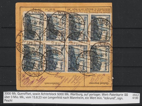 MiNr. 254 c, 261 (8ter Block) auf Paketkarte LENGENFELD 15.8.23, geprüft  (s30101)
