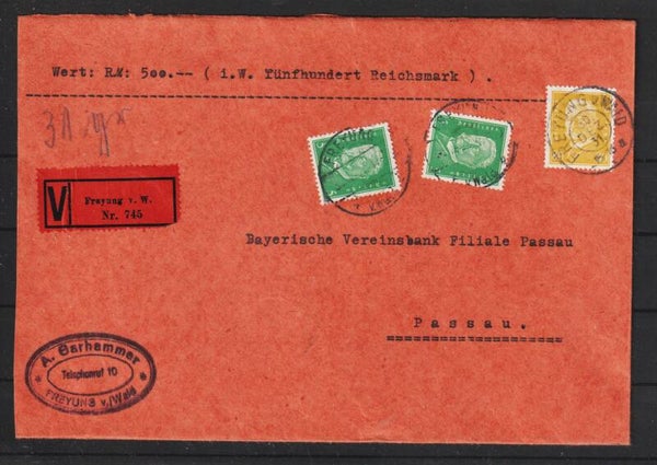 MiNr. 437, 411 (2x) auf Wertbrief mit V-Zettel   (s30106)