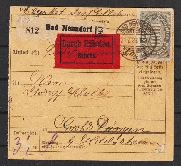MiNr. 249 (3x) 252 Eilboten Paketkarte  BAD NENNDORF 21.7.23   (s30156)