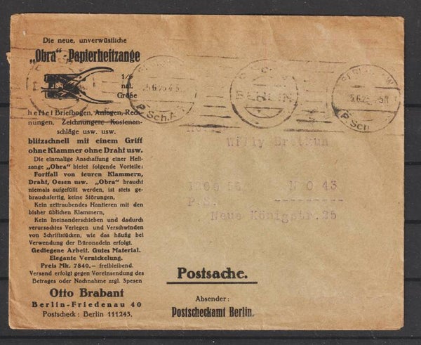Brief, Postscheckamt Berlin mit Werbung 25.6.23   (s30123)