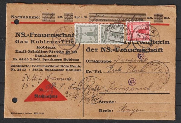 MiNr. D 151, 150 auf Nachnahme Beleg - NS Frauenschaft (s30158)