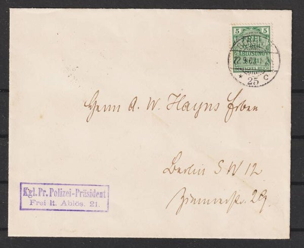 MiNr. D 3 Einzelfrankatur "Kgl. Pr. Polizei-Präsidium"   (s30164)