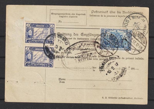 MiNr. 95 B auf Paketkarte 1.8.17 Mannheim nach Constantinopel (s30176)