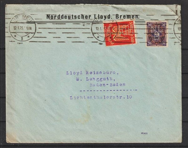 MiNr. 207 W, 218 auf Brief, Lloyd Bremen  12.1.23, Firmenlochung   (s30181)