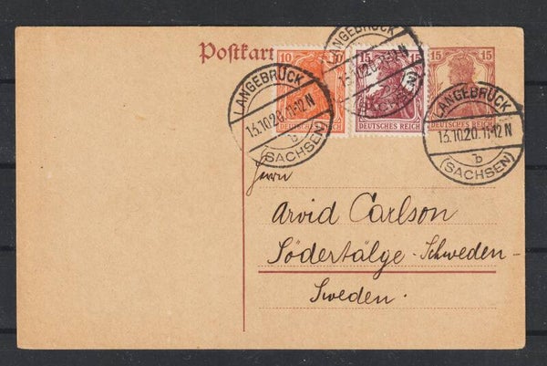 Ganzsache P 116 mit ZuF, LANGENBRÜCK 13.10.20, nach Schweden, geprüft  (s30167)