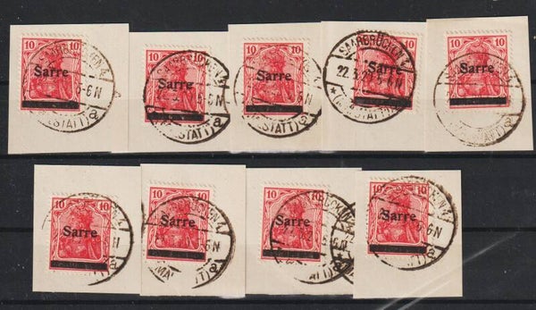 9 mal Saar MiNr. 6 Briefstücke mit Vollstempel