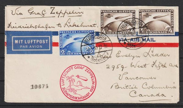 MiNr. 438, 439 (2x) auf Zeppelin-Luftpost Brief vom 18.5.1930