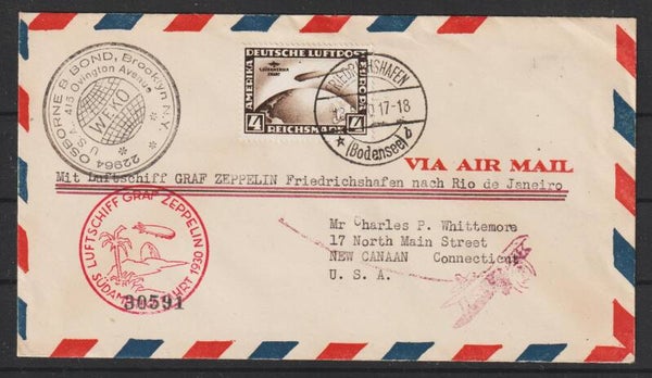 MiNr. 439 auf Zeppelin-Luftpost Brief 1930, 4 RM Südamerikafahrt (ZB02)