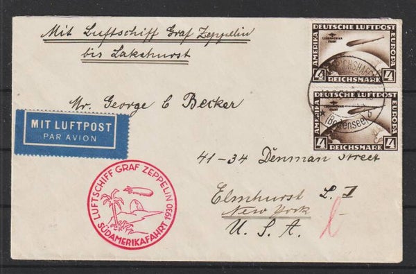 MiNr. 439 (2x)  Zeppelin-Luftpost Brief 18.5.30 nach NEW YORK