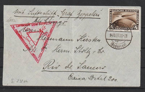 MiNr. 498 auf Zeppelin-Luftpost Brief 1933, 4 RM Chicagofahrt