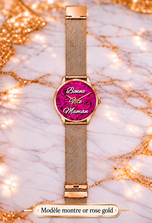 Montre Personnalisée « Bonne fête maman » – Fond Roses Roses – 3 Coloris – LTDF Création