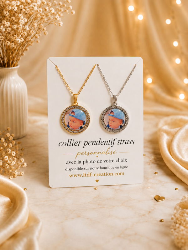 Collier strass personnalisé avec la photo de votre choix – Pendentif photo personnalisé cadeau famille, couple et souvenir