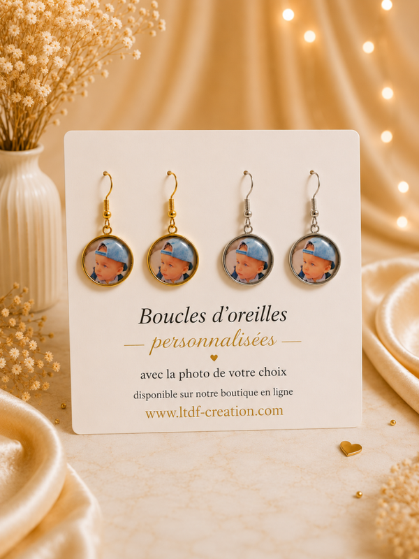 Boucles d’oreilles personnalisées avec la photo de votre choix – Bijou personnalisé cadeau femme, famille et souvenir