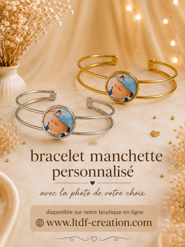 Bracelet manchette personnalisé avec la photo de votre choix – Bijou photo personnalisé taille unique doré ou argenté