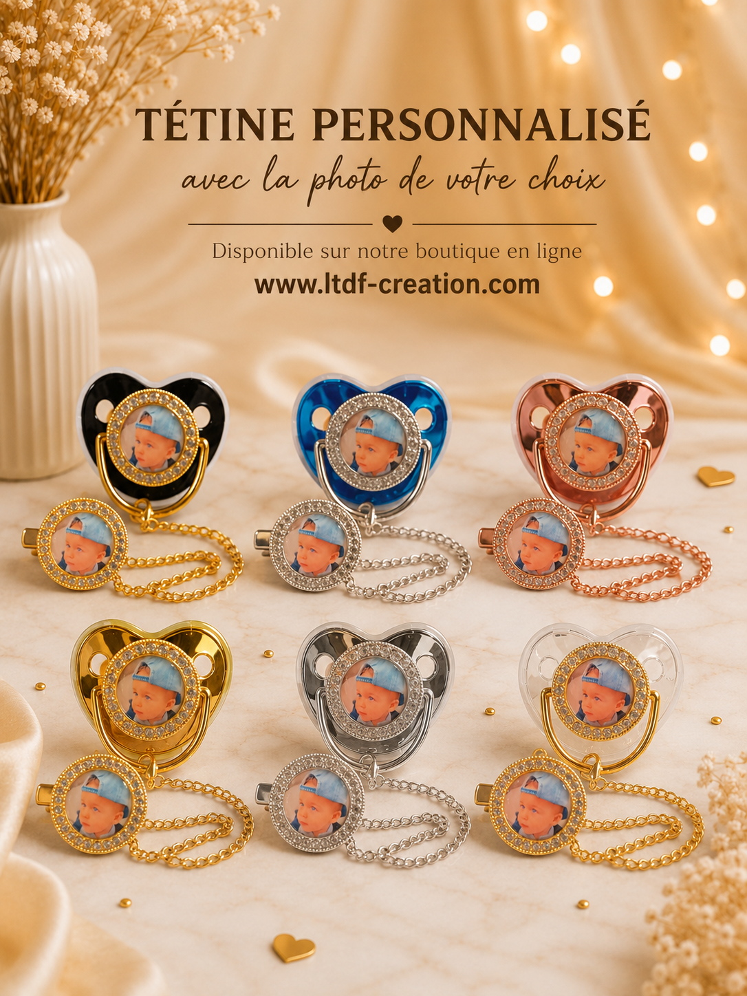 Tétine personnalisée bébé avec photo et strass + attache tétine personnalisée – 5 coloris