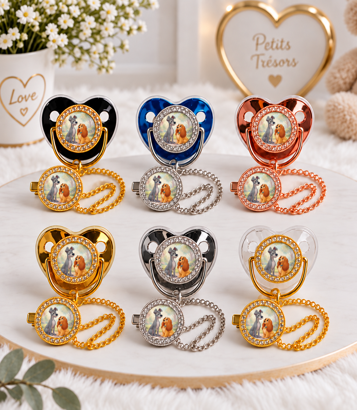 Tétine Strass Baby inspirée de La Belle et le Clochard – Une touche de douceur pour bébé
