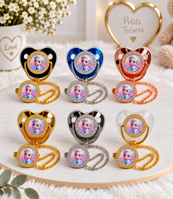 Tétine Strass Baby La Reine des Neiges – Tétine bébé personnalisée avec attache