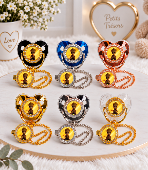 Tétine Strass Baby Groot – Tétine bébé personnalisée avec attache