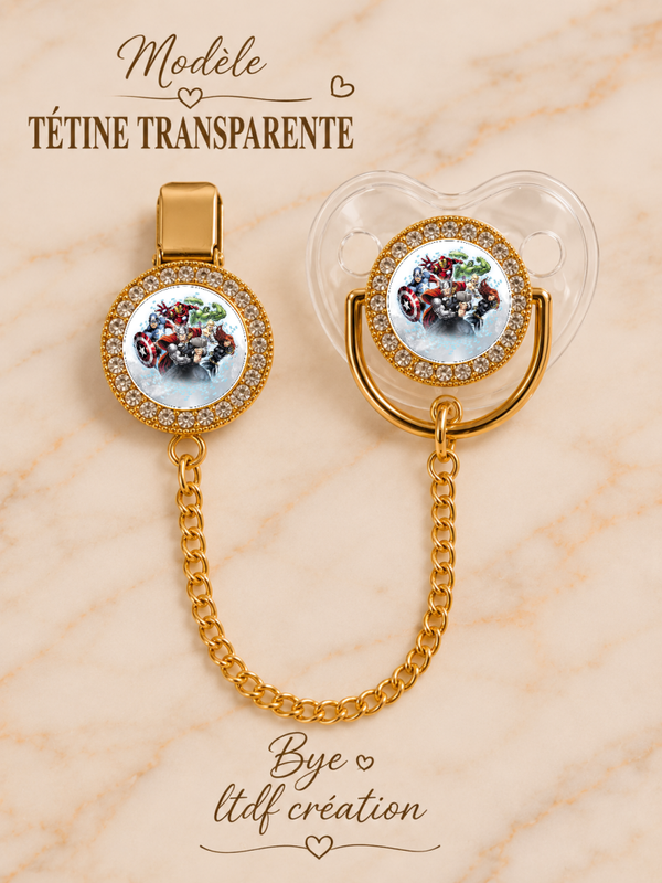 Tétine Strass Baby Avengers – Tétine bébé personnalisée avec attache