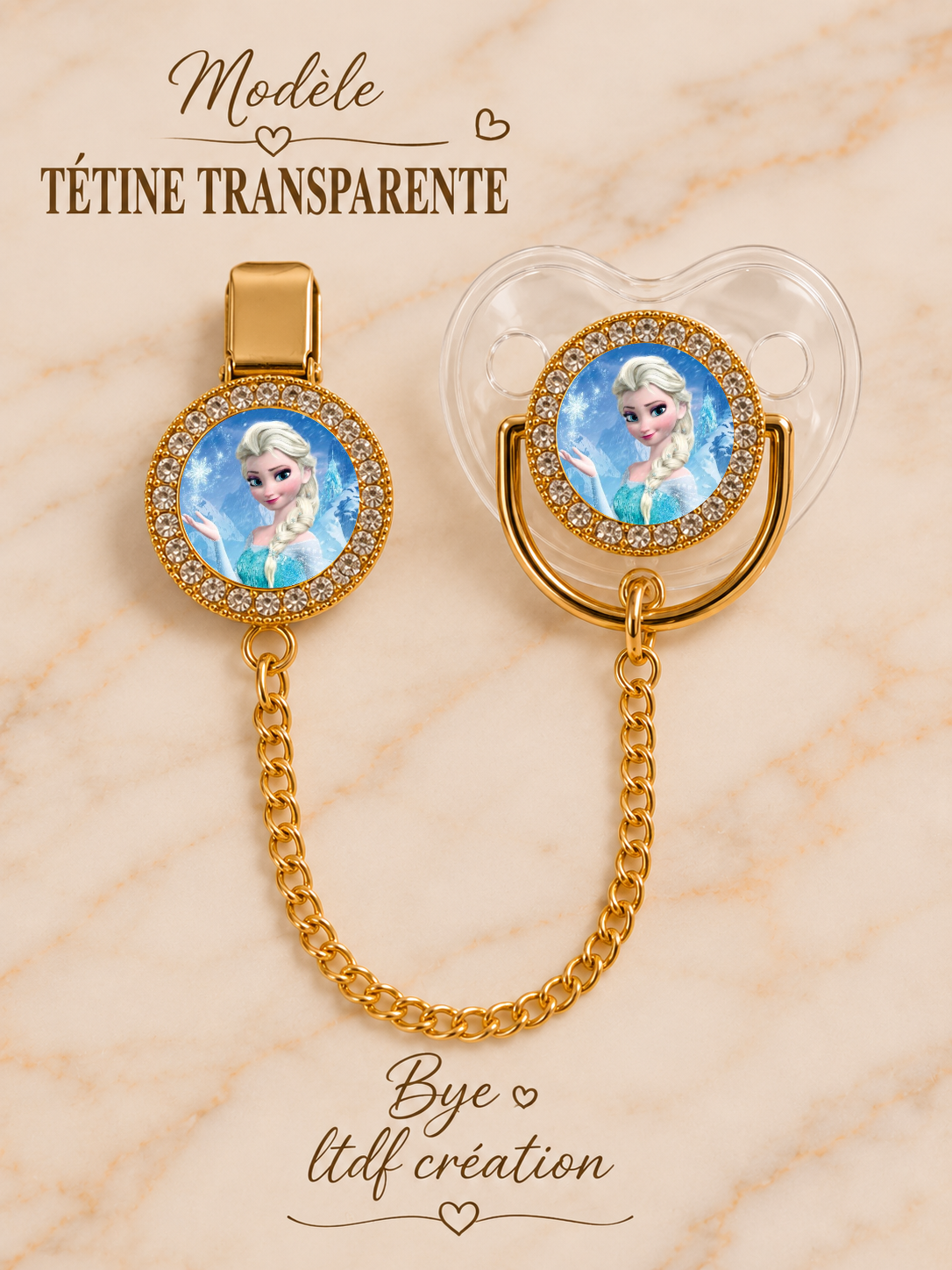 Tétine Strass Baby La Reine des Neiges – Tétine bébé personnalisée avec attache