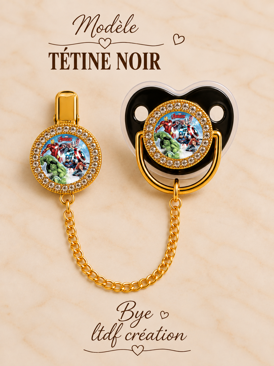 Tétine Strass Baby Avengers – Tétine bébé personnalisée avec attache