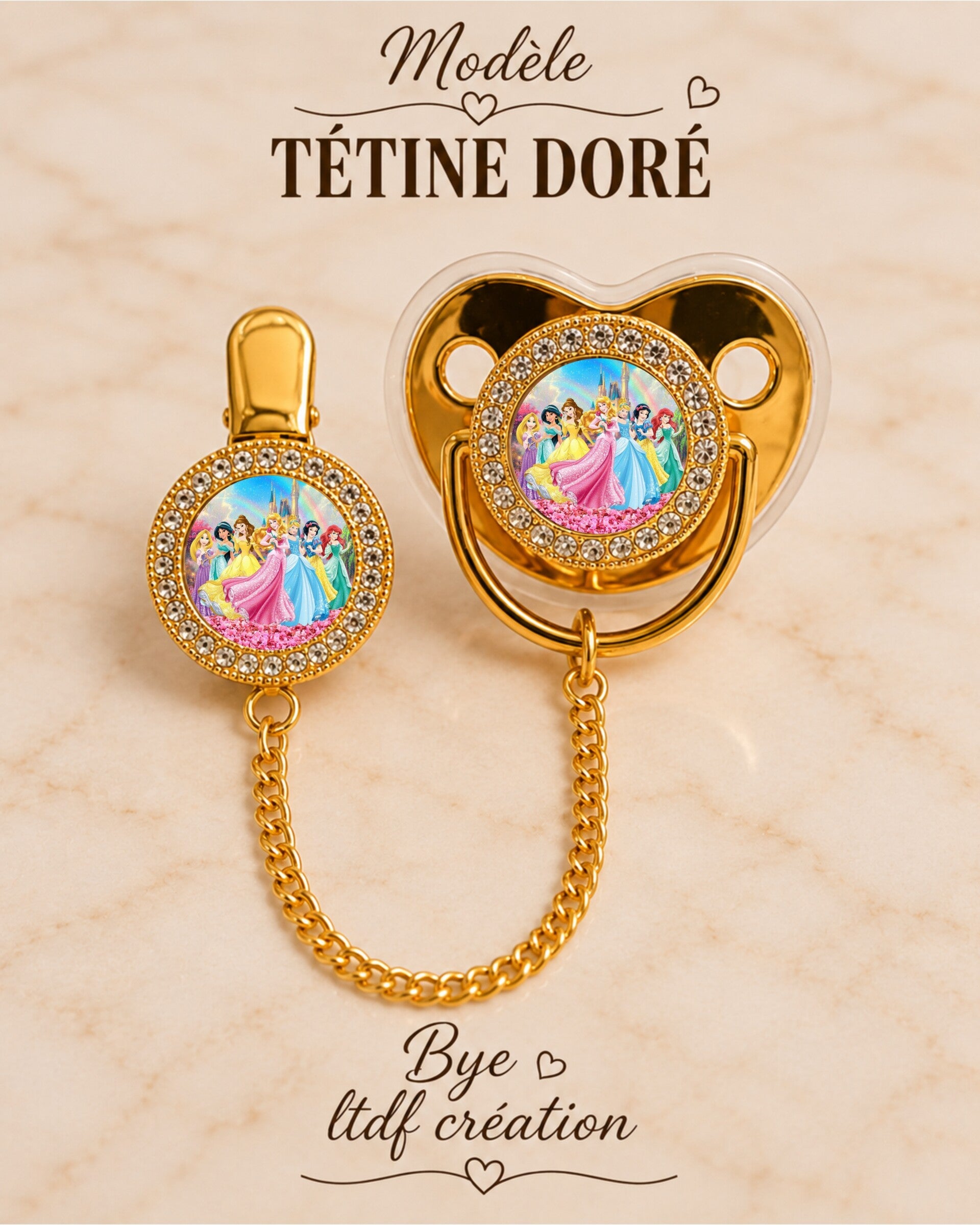 Tétine Strass Baby Disney Princess – Tétine bébé personnalisée avec attache