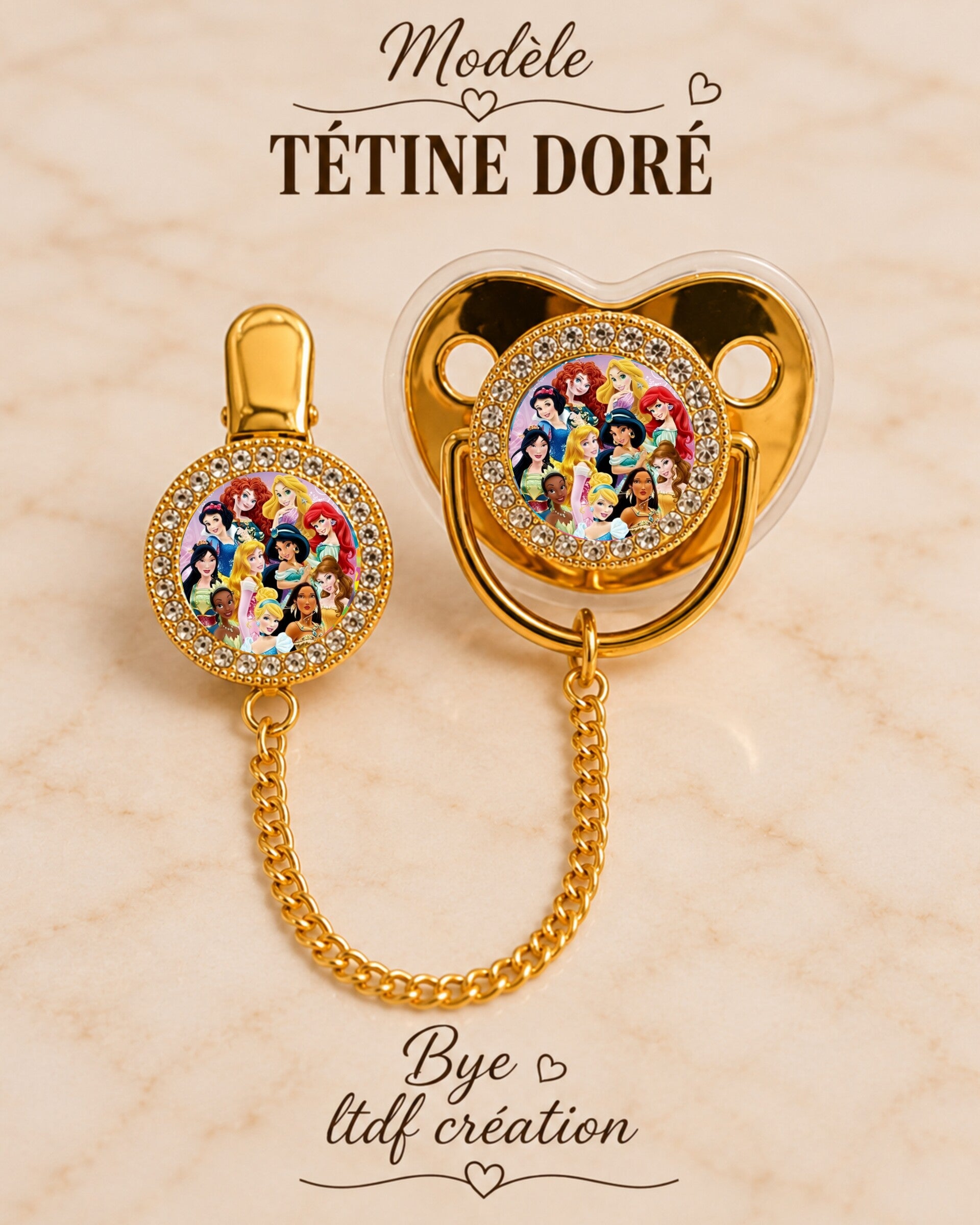 Tétine Strass Baby Disney Princess – Tétine bébé personnalisée avec attache