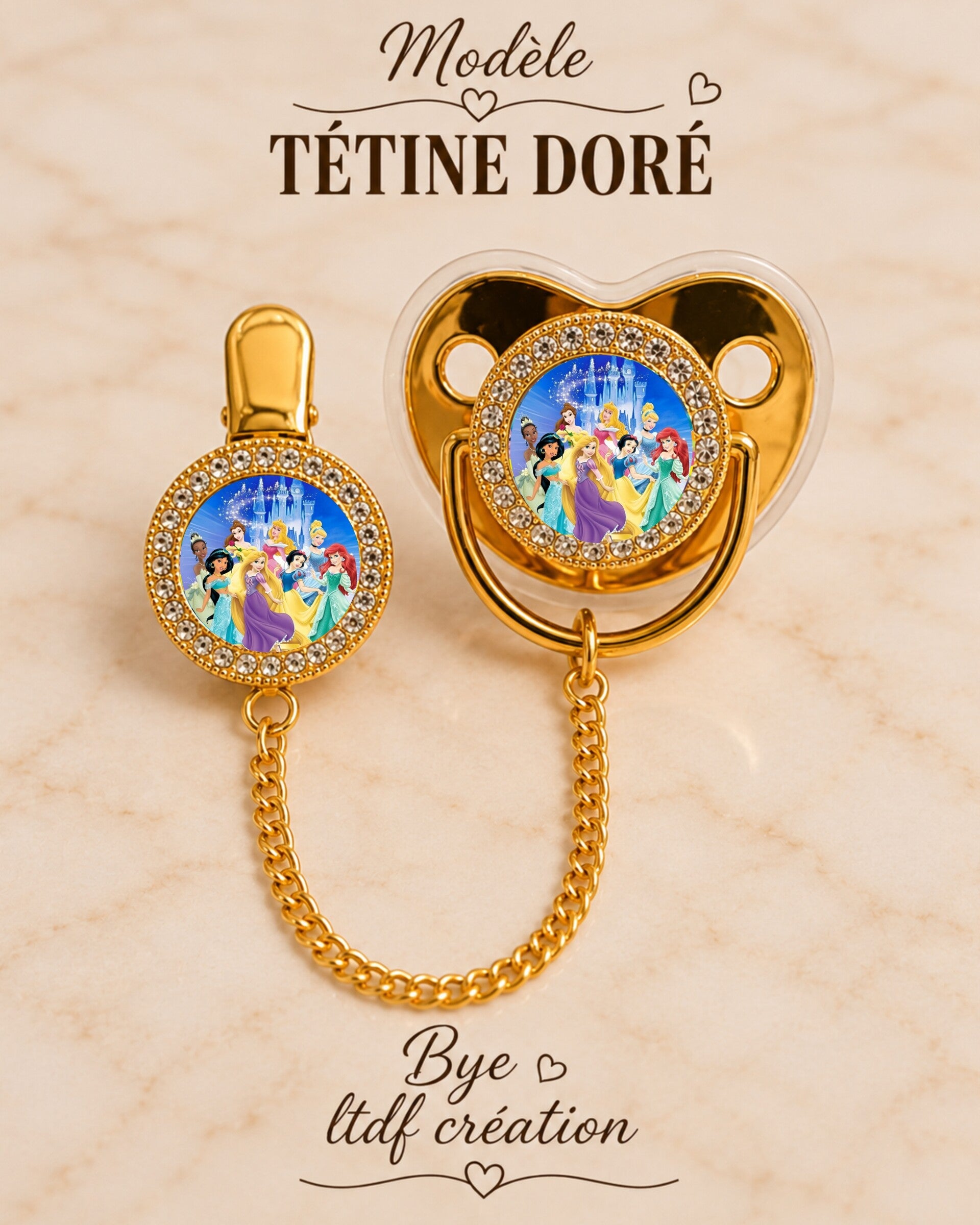 Tétine Strass Baby Disney Princess – Tétine bébé personnalisée avec attache