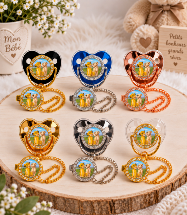 Tétine Strass Baby Le Roi Lion Simba – Tétine bébé personnalisée avec attache