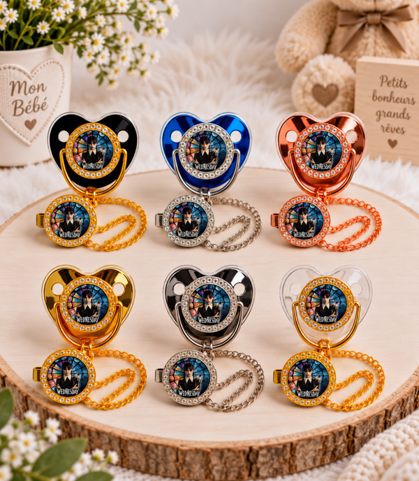 Tétine Strass Baby Mercredi Addams – Tétine bébé personnalisée avec attache