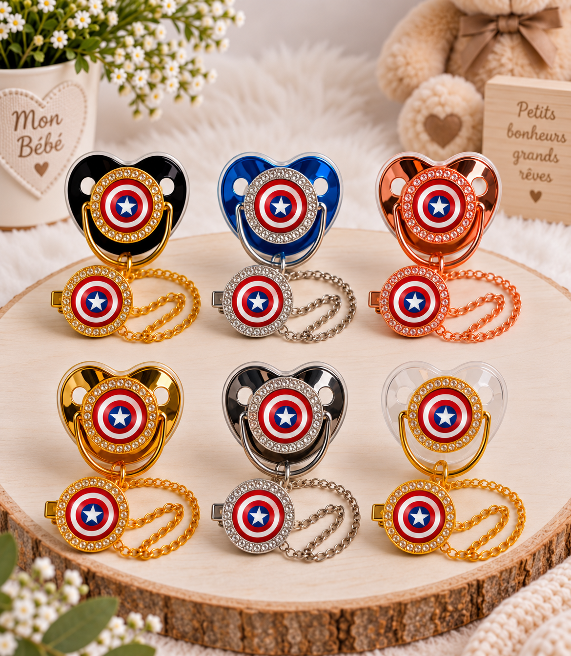 Tétine Strass Baby Captain America – Tétine bébé personnalisée avec attache