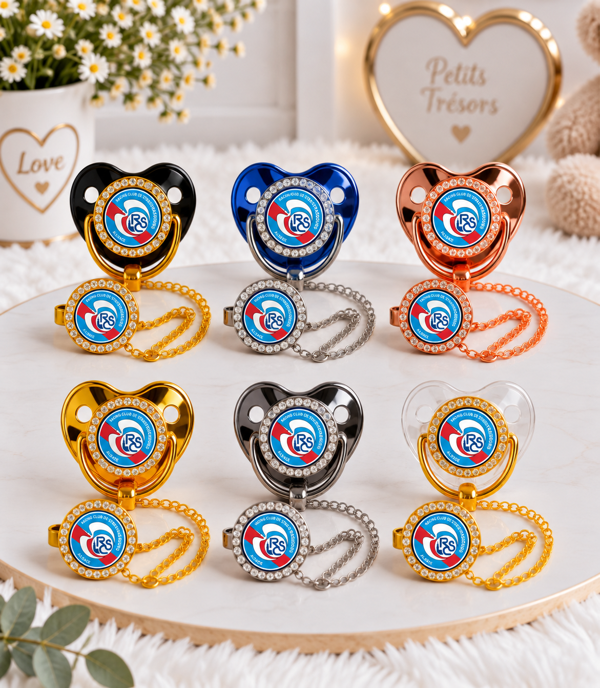 Tétine Strass Baby Racing Club de Strasbourg – Tétine bébé personnalisée avec attache