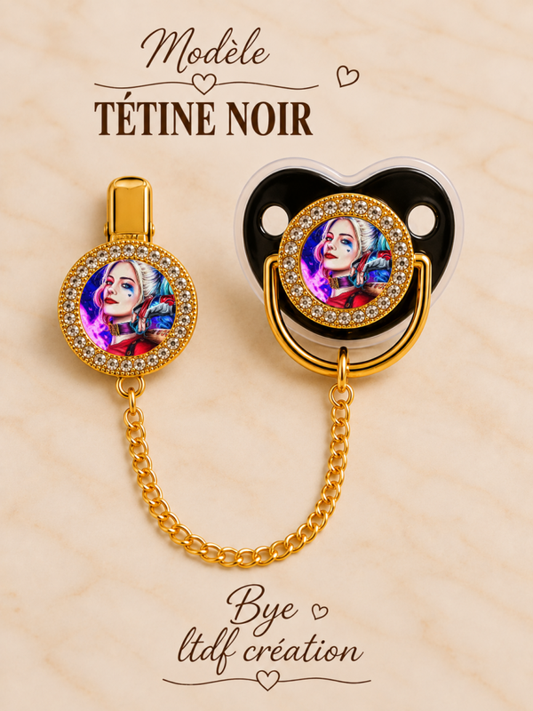 Tétine Strass Baby Harley Quinn – Tétine bébé personnalisée avec attache