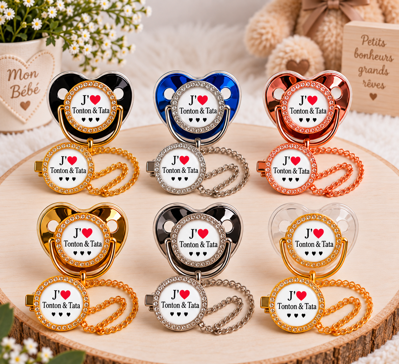 Tétine Strass Baby « J’aime Tonton & Tata » – Tétine bébé personnalisée avec attache