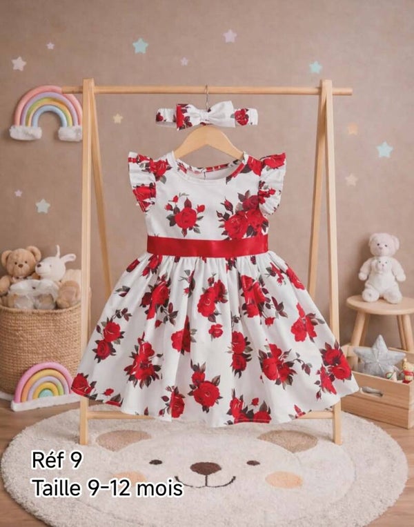 Robe Bébé Fille Fleurie Rouge et Blanche avec Bandeau Assorti – Robe Cérémonie Chic | LTDF Kids Réf 9 – Taille 9-12 Mois