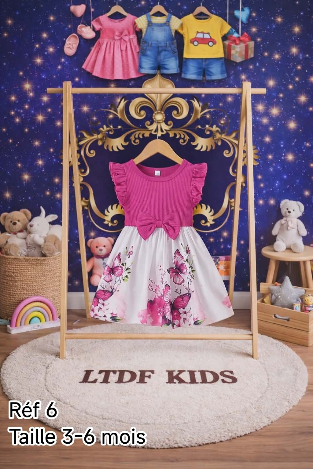 Robe Bébé Fille Rose à Papillons avec Nœud – Robe Élégante et Féerique | LTDF Kids Réf 6 – Taille 3-6 Mois