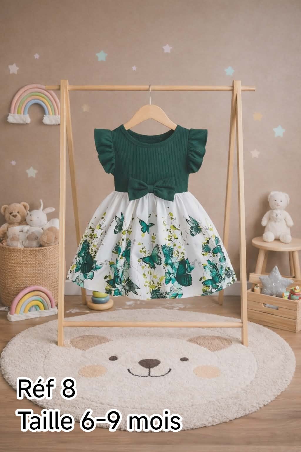 Robe Bébé Fille Verte à Papillons avec Nœud – Robe Chic et Élégante | LTDF Kids Réf 8 – Taille 6-9 Mois