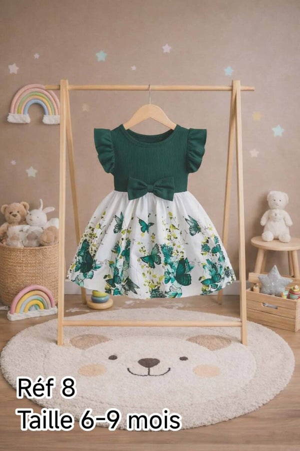 Robe Bébé Fille Verte à Papillons avec Nœud – Robe Chic et Élégante | LTDF Kids Réf 8 – Taille 6-9 Mois