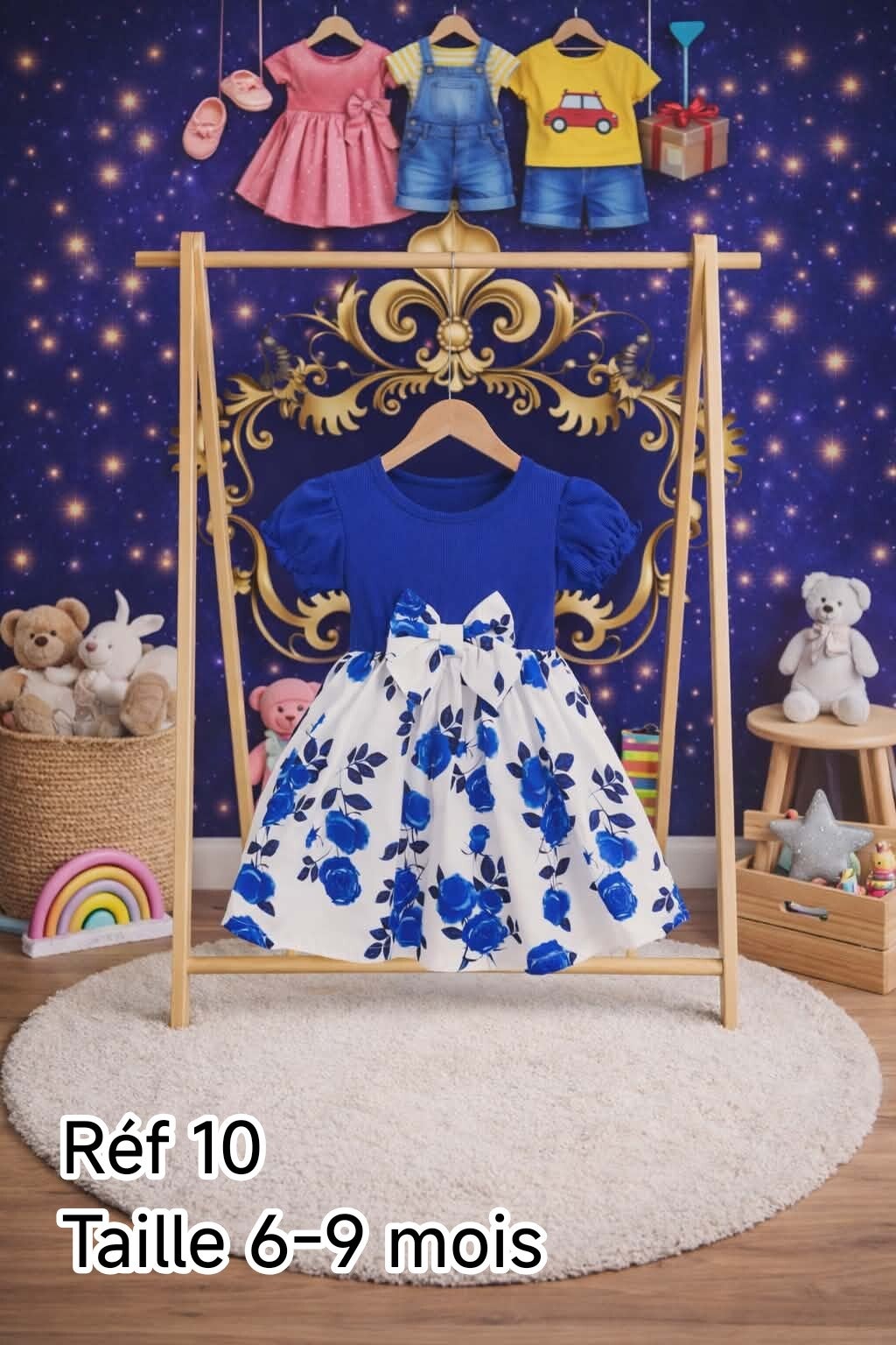 Robe Bébé Fille Bleue et Blanche Fleurie avec Nœud – Robe Élégante Cérémonie | LTDF Kids Réf 10 – Taille 6-9 Mois