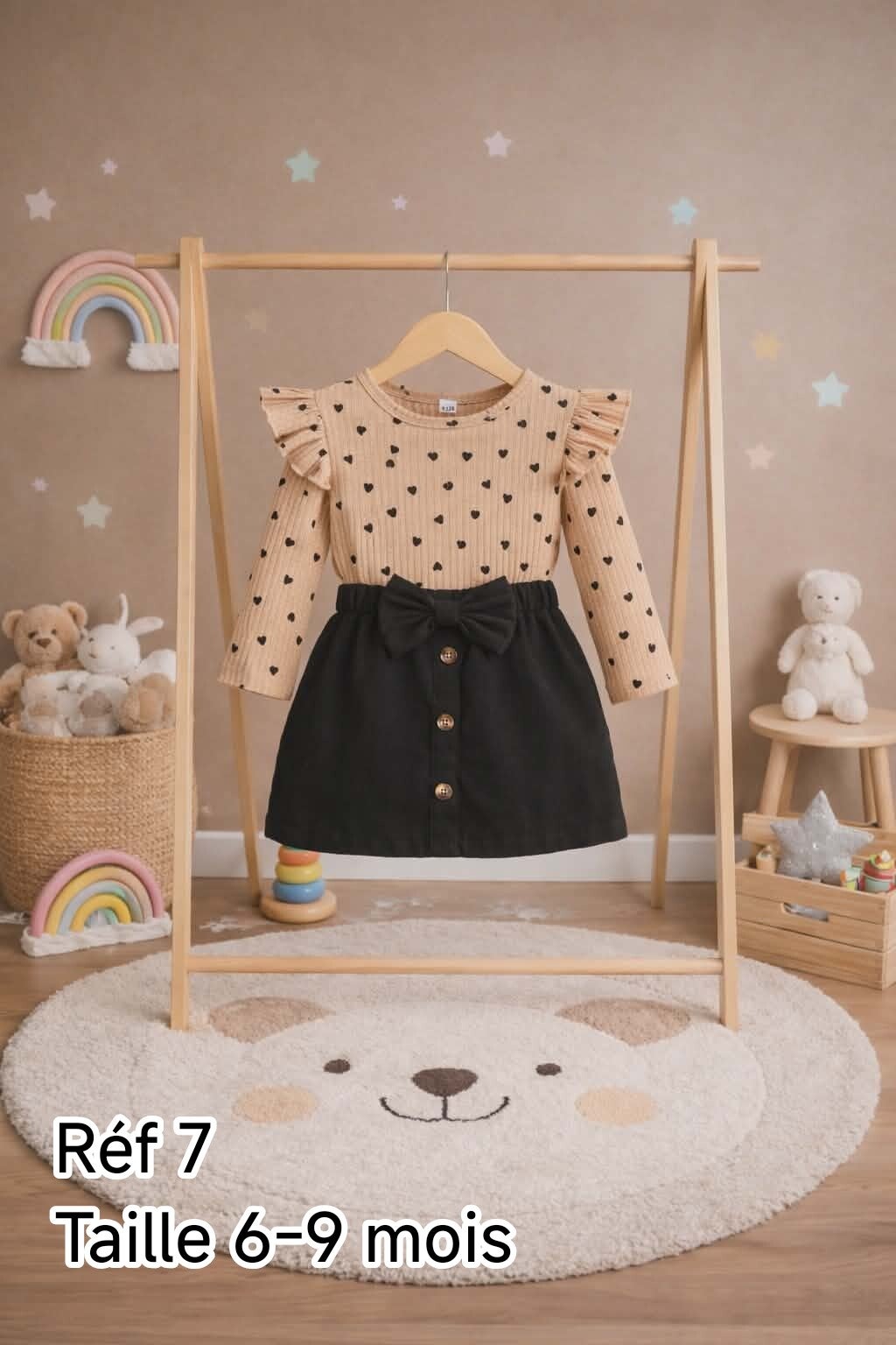 Robe Bébé Fille Beige et Noire à Cœurs avec Nœud – Élégante et Tendance | LTDF Kids Réf 7 – Taille 6-9 Mois