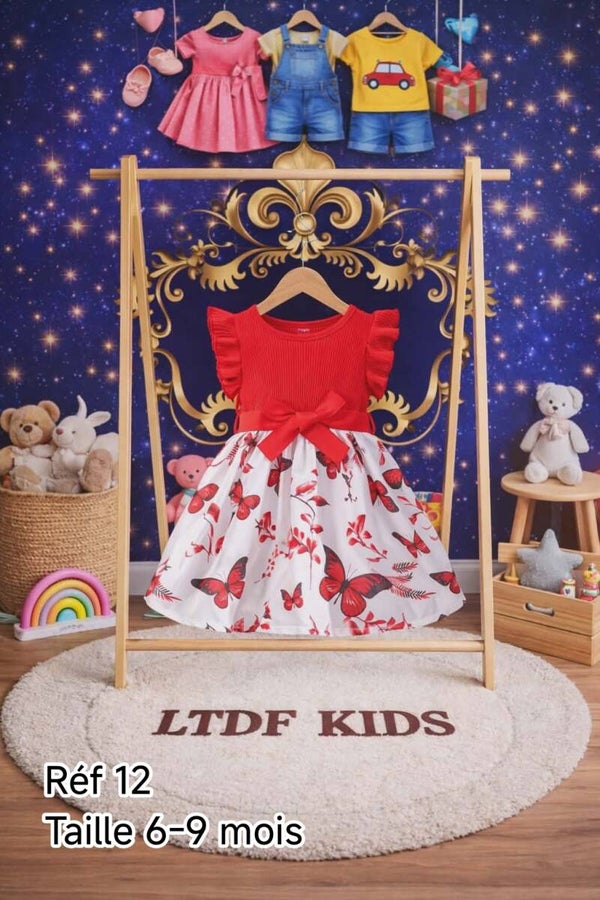 Robe Bébé Fille Rouge à Papillons avec Nœud – Élégante et Confortable | LTDF Kids Réf 12 – Taille 6-9 Mois