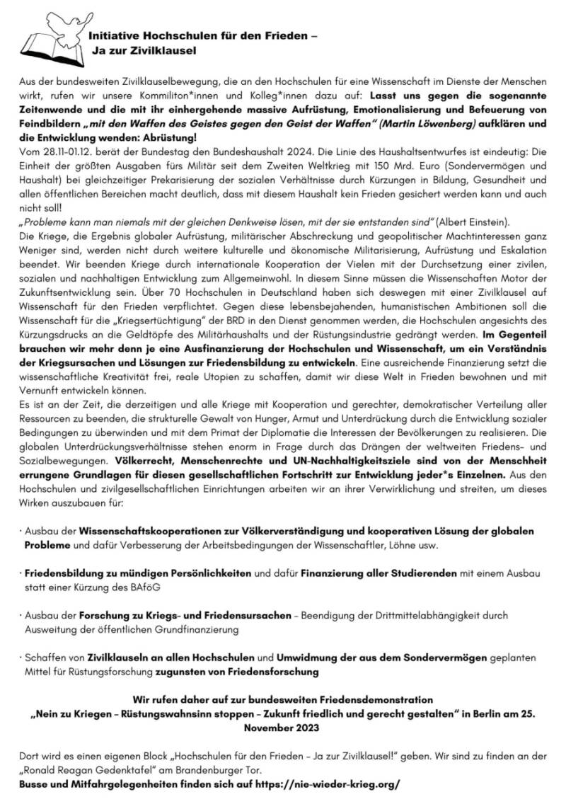 Aufruf Zivilklausel Text Frieden und Diplomatie