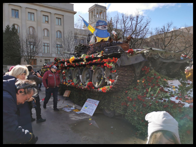 Blumenbedeckter Panzer Frieden und Diplomatie
